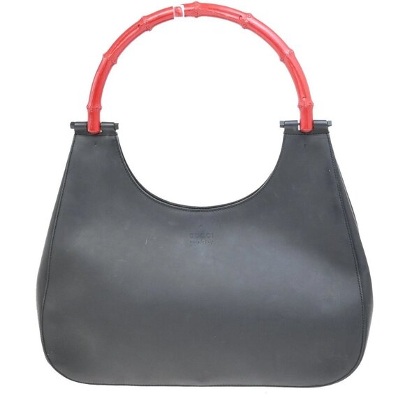 GUCCI Logo Bamboo Shoulder Hand Bag Leather Black Red Italy 61FB846 - Picture 1 of 16
